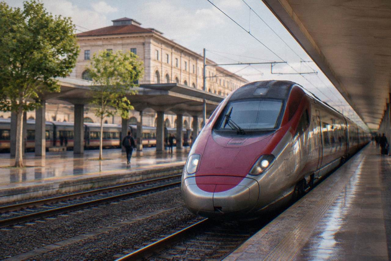 Train platform at Verona Porta Nuova station with a high-speed train waiting
