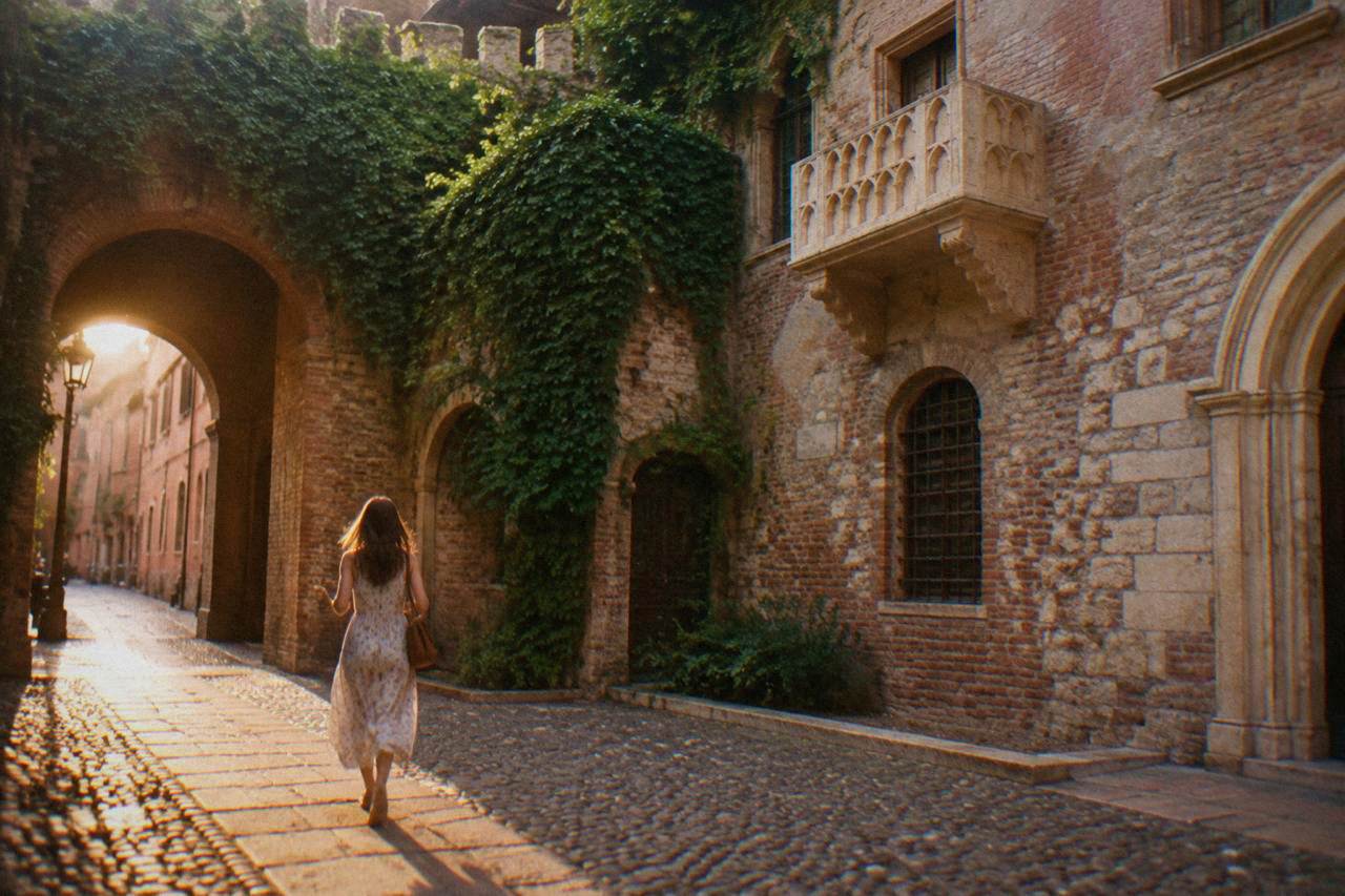 A stone archway opening onto a narrow medieval Veronese street with rose-pink brick walls