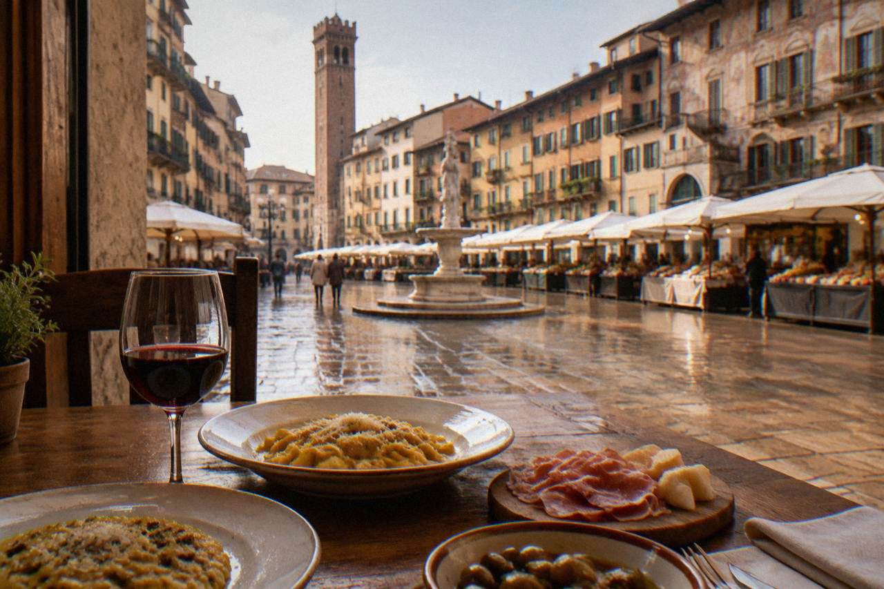 A table with plates of Veronese food and a glass of red wine in a warmly lit dining room
