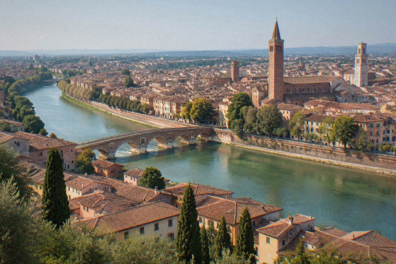 The historic centre of Verona seen from a hillside across the Adige river, with terracotta rooftops and a bell tower under a clear sky