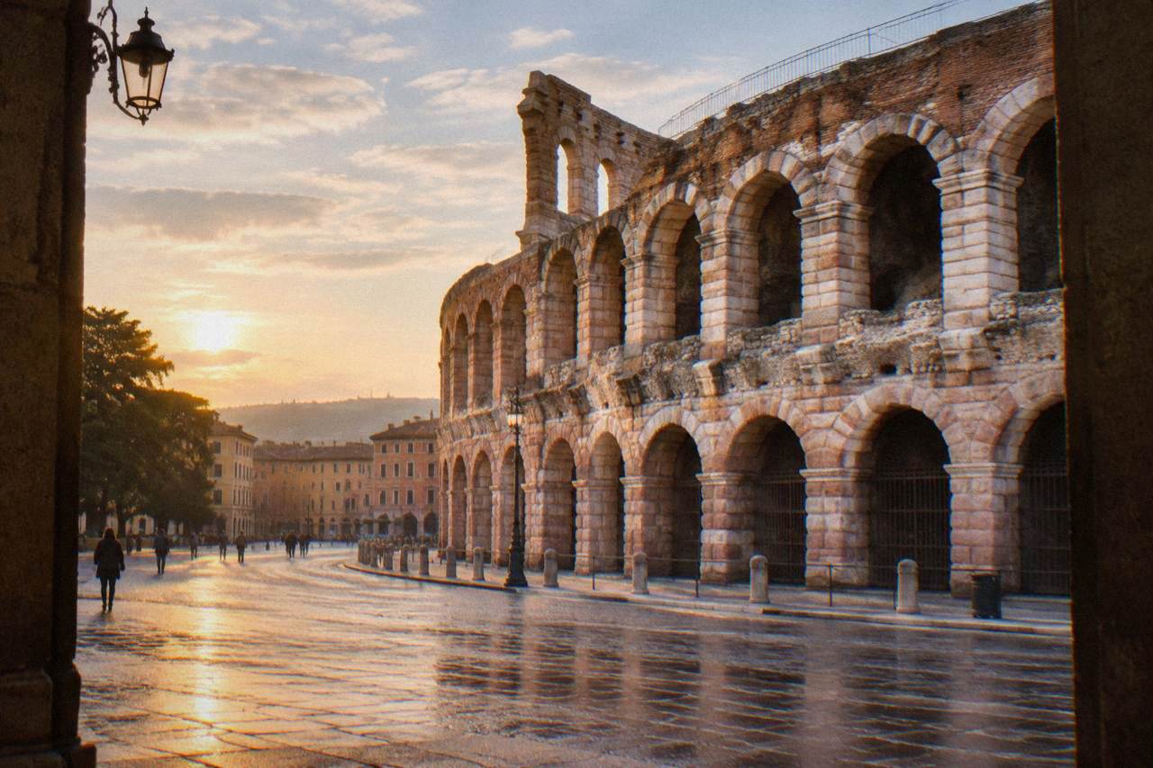 The curved stone seating of the Arena di Verona rising above Piazza Bra at golden hour