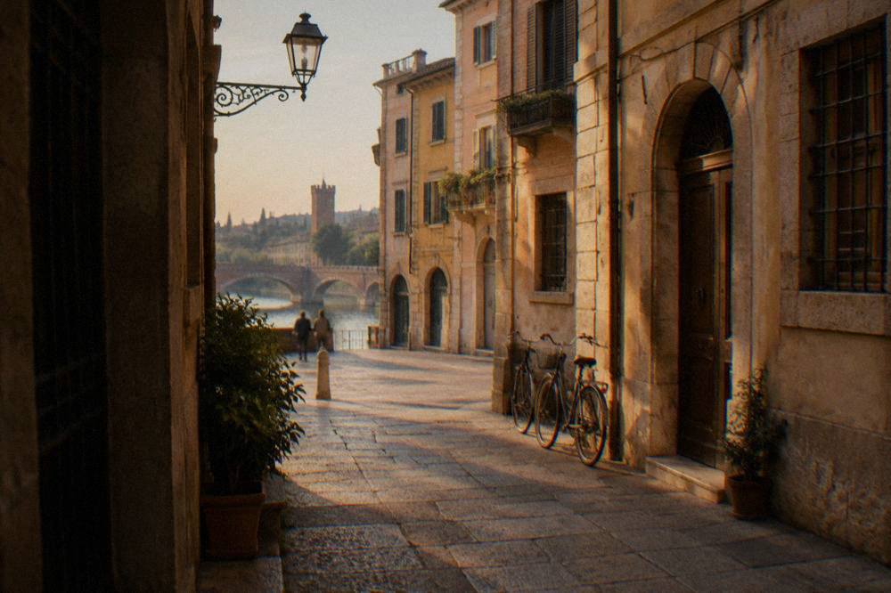 A hotel street in central Verona with stone buildings and bicycles parked by a doorway