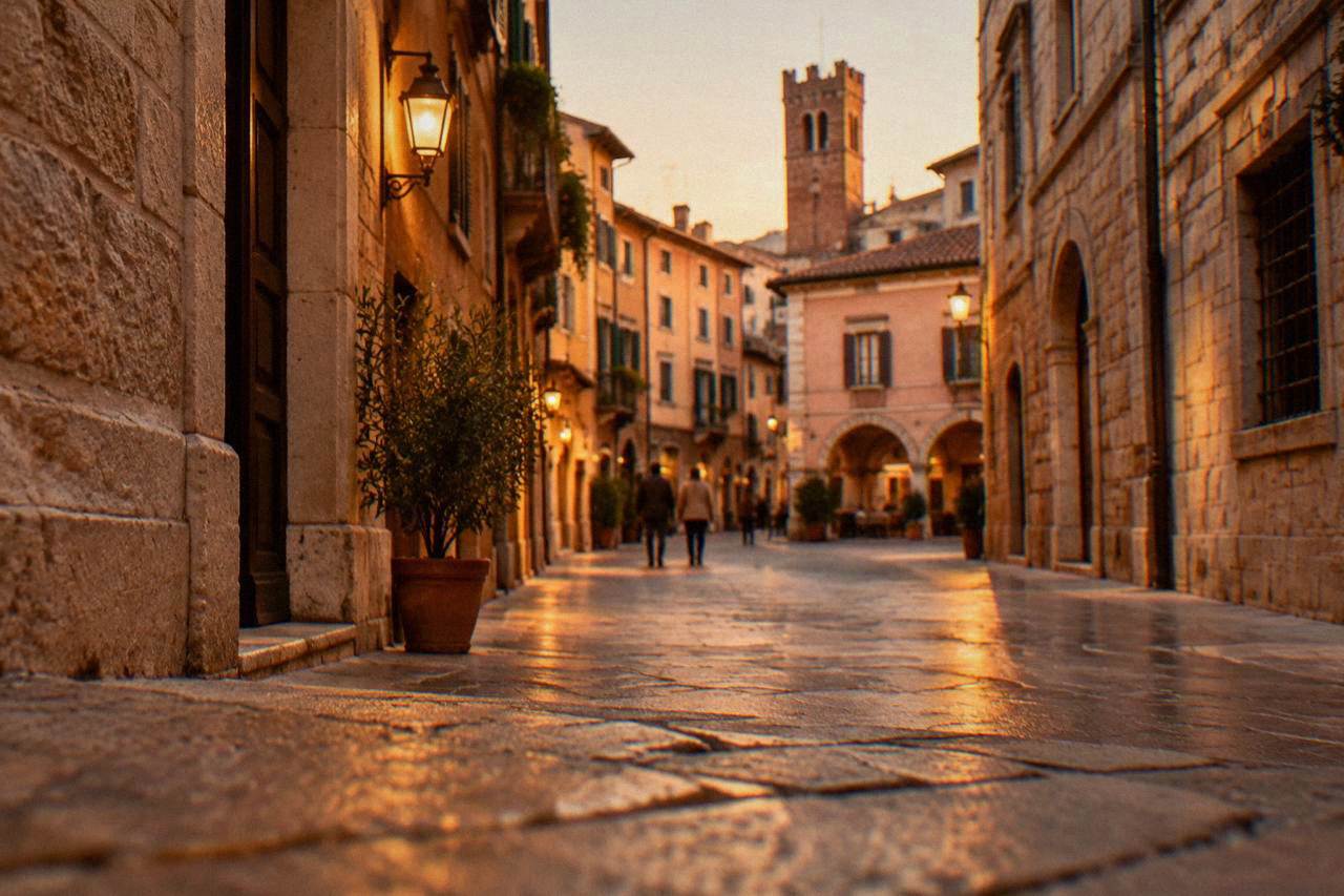 Verona old street lit by warm lamps in the evening with stone buildings on both sides