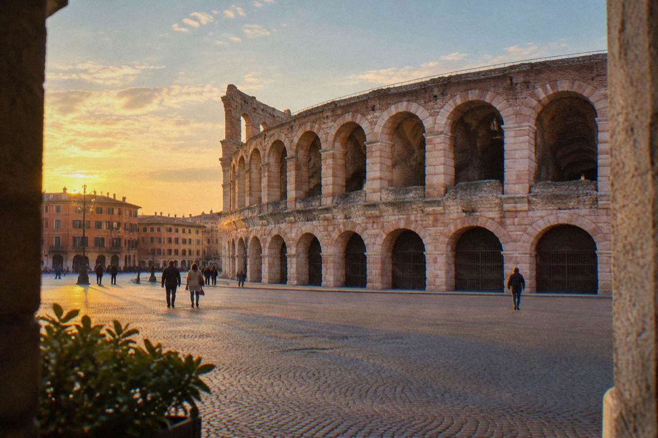 The Roman Arena of Verona seen from Piazza Bra at golden hour