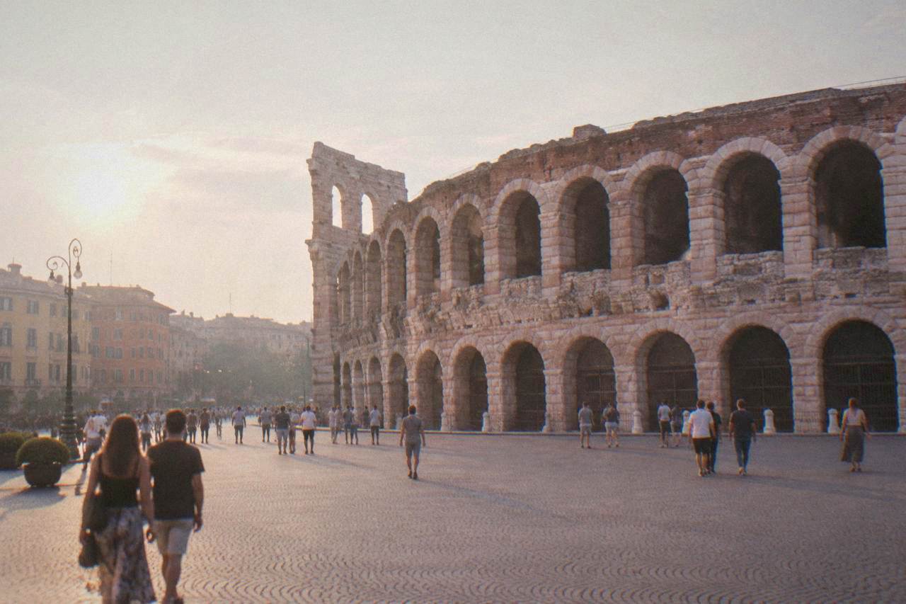 Evening light on Piazza Bra with the Arena of Verona rising above the square