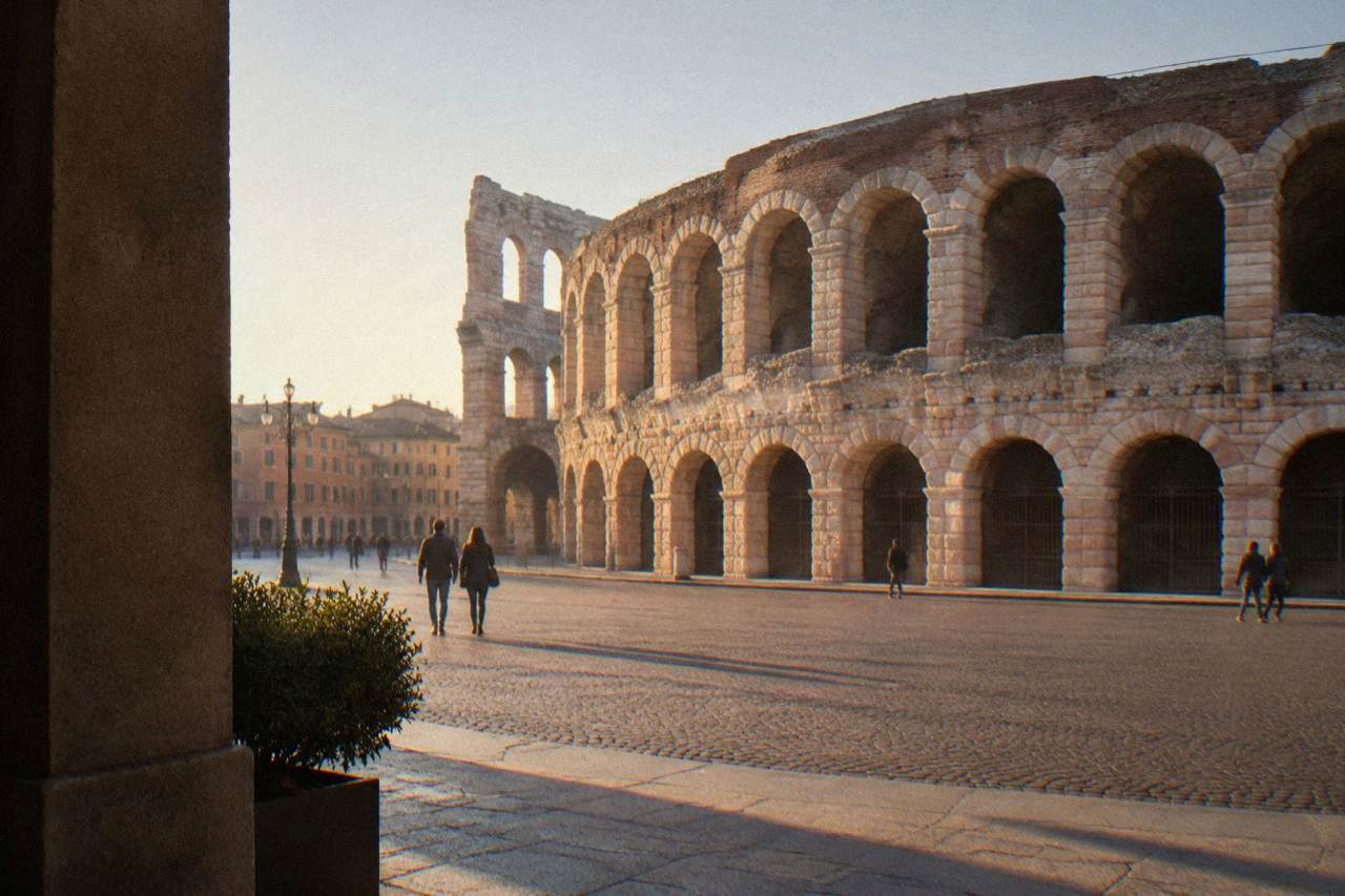 The Roman Arena of Verona rising above Piazza Bra at golden hour
