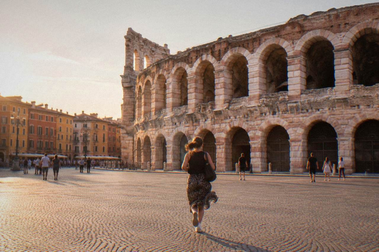 Verona's Roman Arena seen from Piazza Bra at golden hour