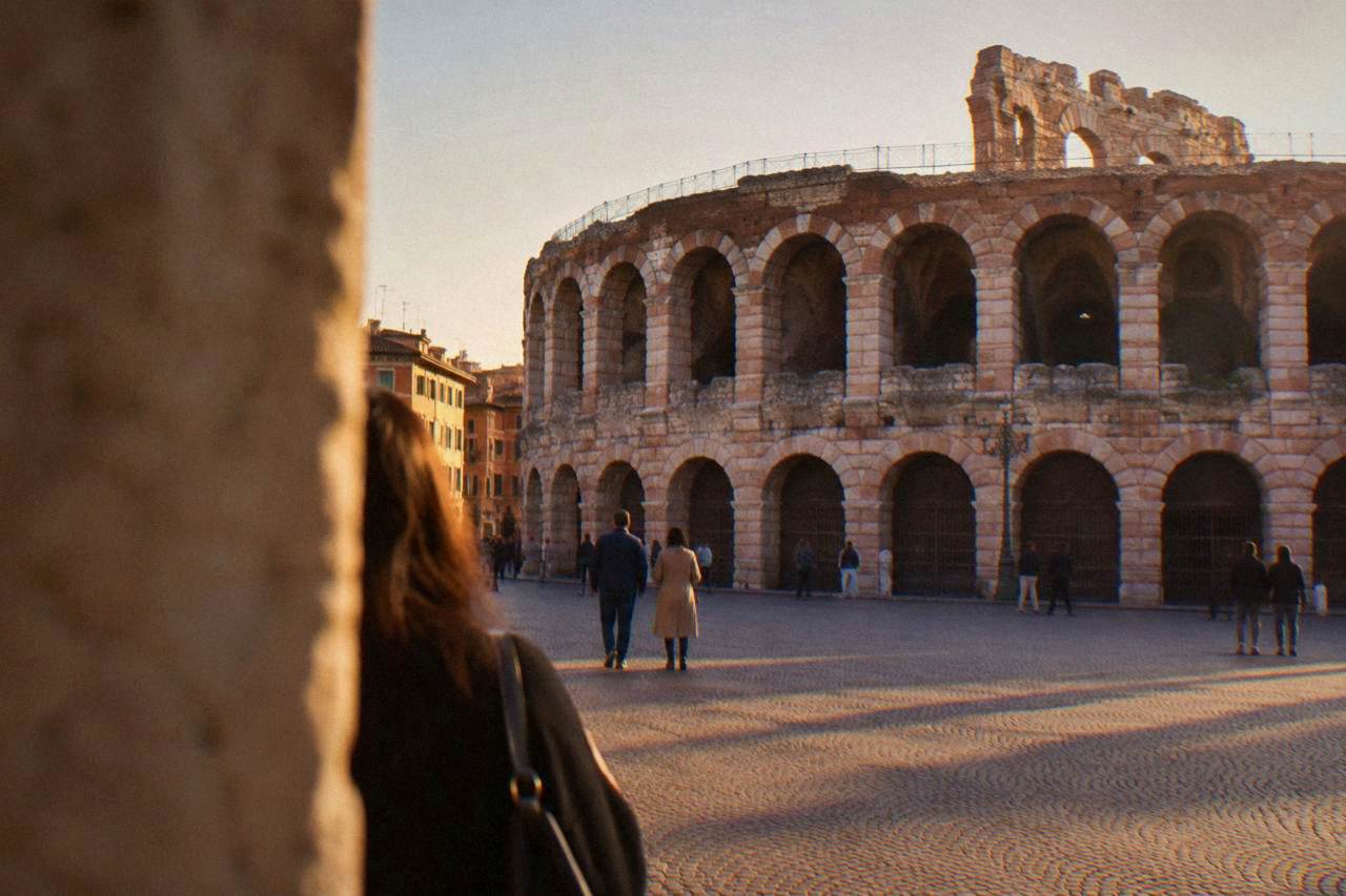 Verona's Roman Arena seen from Piazza Bra on a clear afternoon