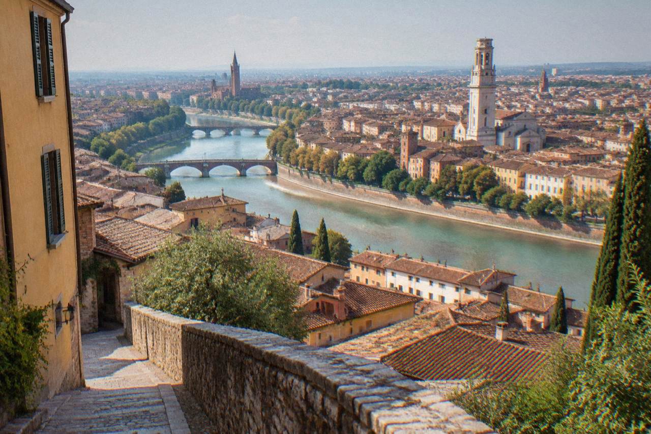 Verona's Roman Arena rising above the pink marble buildings of Piazza Bra in warm evening light