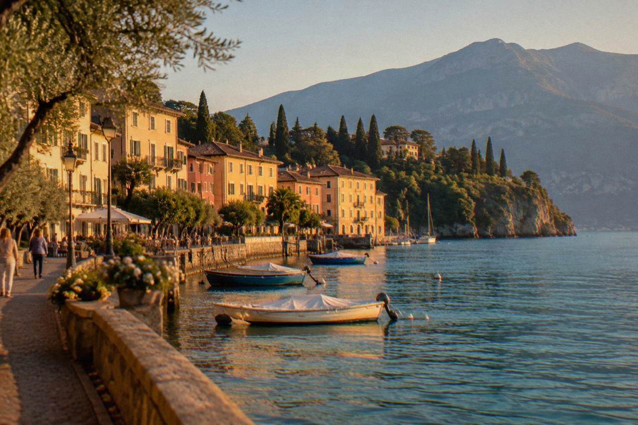 A lakeside town on Lake Garda with pastel buildings rising above the water and hills in the background