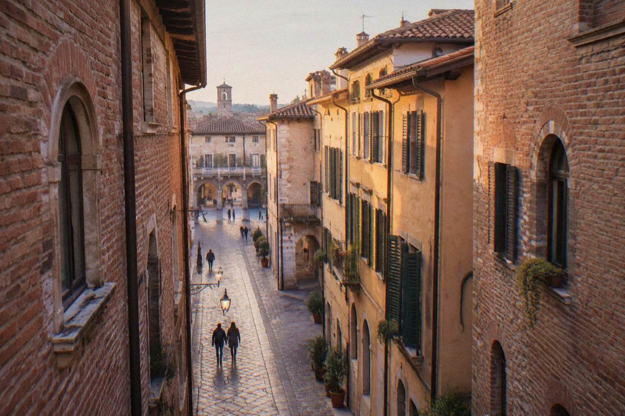 A narrow medieval Verona street in warm evening light, with old brick facades rising on both sides.