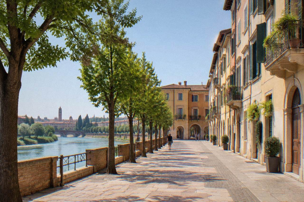 A calm tree-lined Verona street with pale apartment buildings in the late morning light