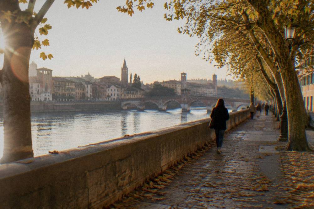 Autumn plane leaves scattered along a riverside walk by the Adige in Verona