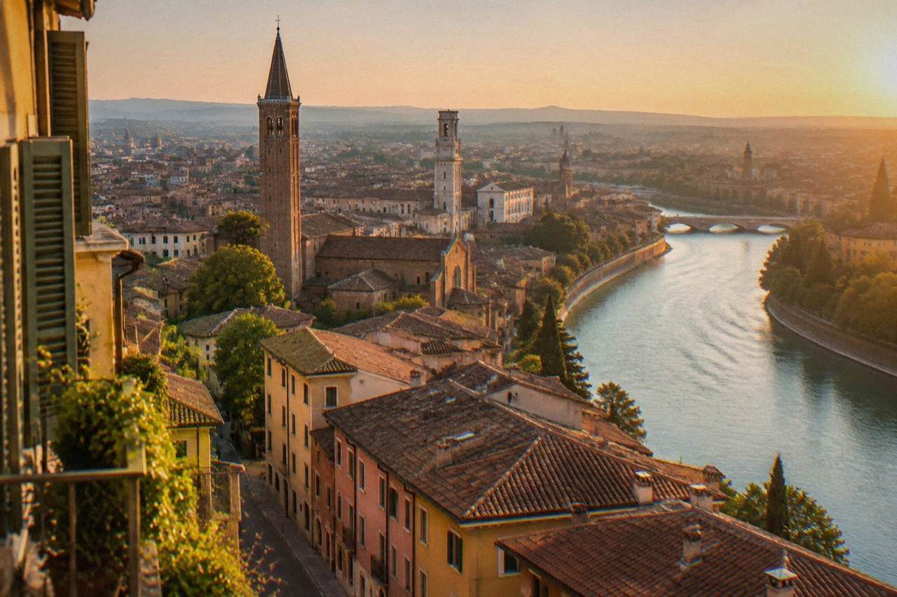 View over rooftops and church towers inside the old centre of Verona with the Adige river curving past