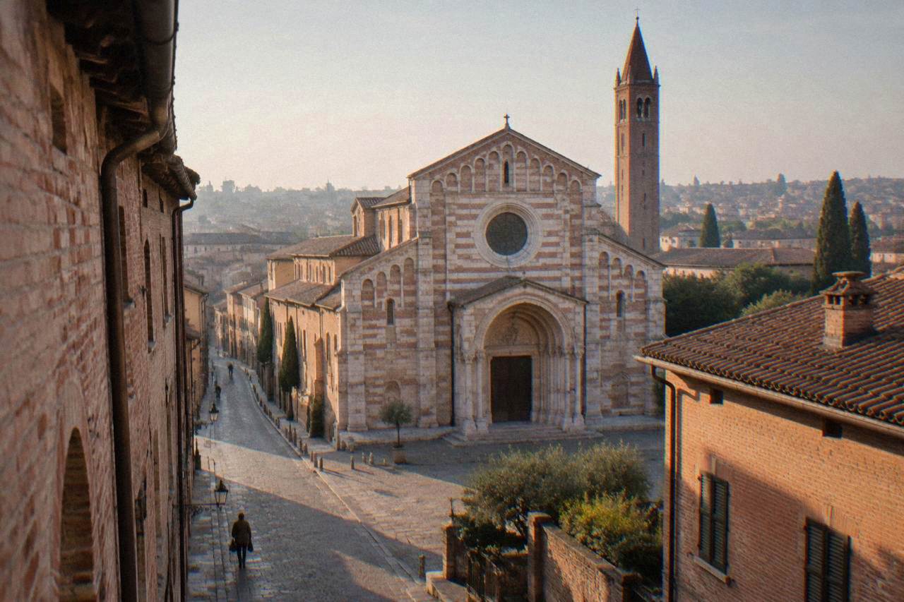 A quiet Verona street with brick facades and the Romanesque bell tower of the Basilica di San Zeno rising behind the rooftops