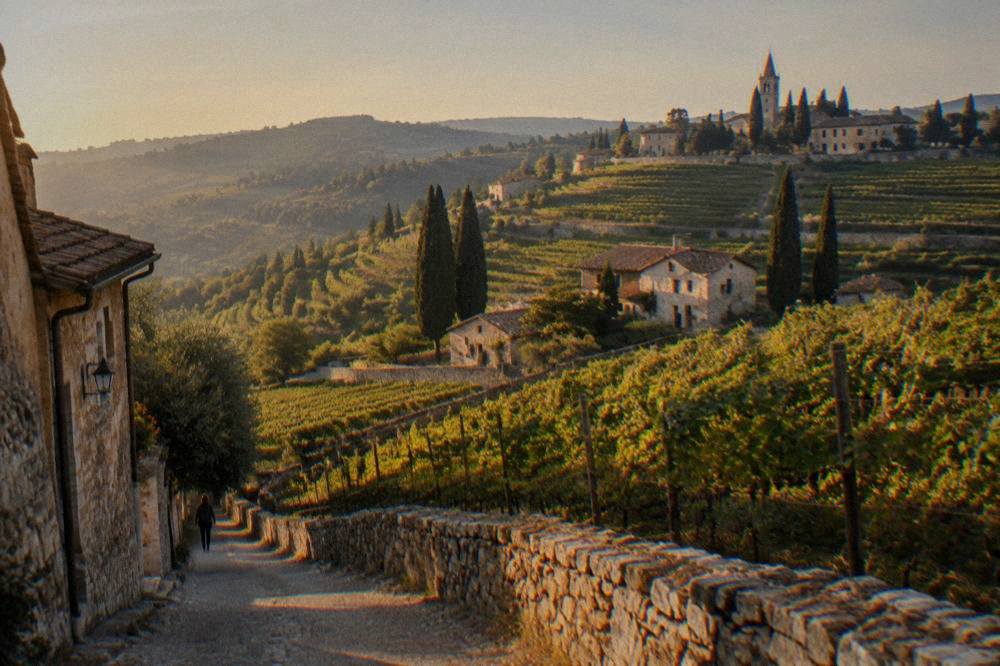 Vineyard covered hills north west of Verona in the Valpolicella wine region