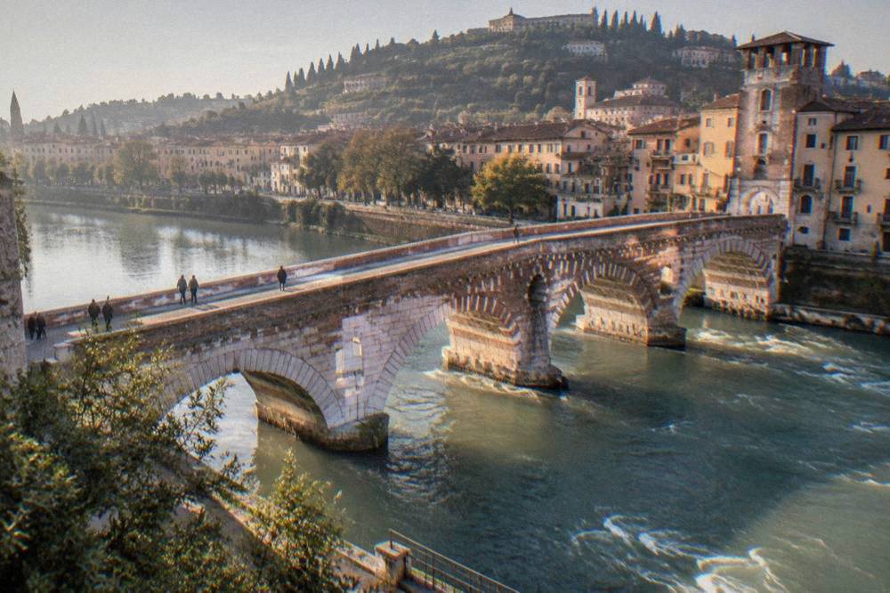 The Ponte Pietra Roman bridge over the Adige in Verona, seen from the Veronetta bank