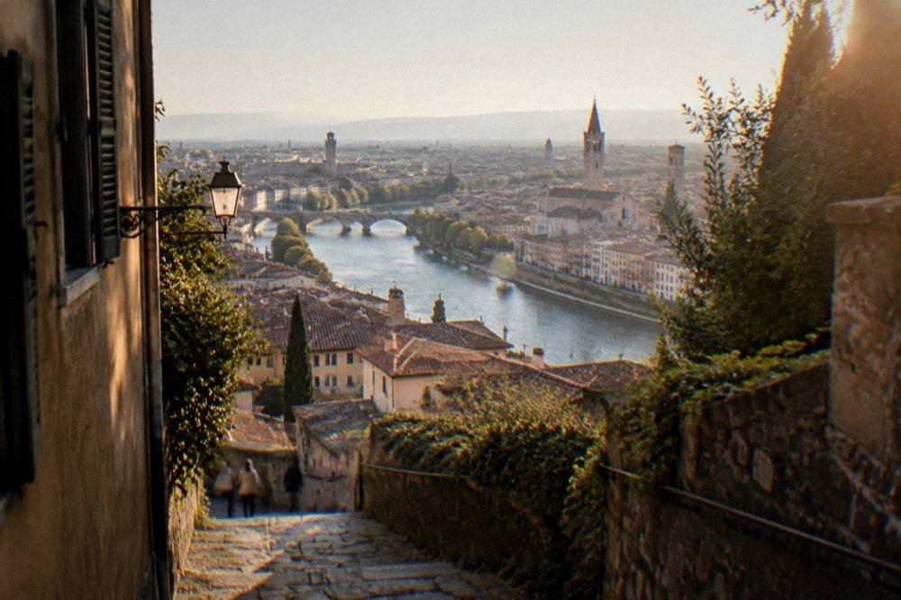 The Adige river loop and the rooftops of Verona old town seen from the Veronetta hillside