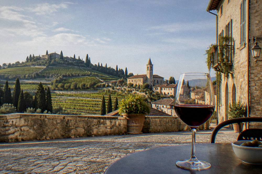 A glass of red Valpolicella wine on a table in a Verona square with old buildings behind