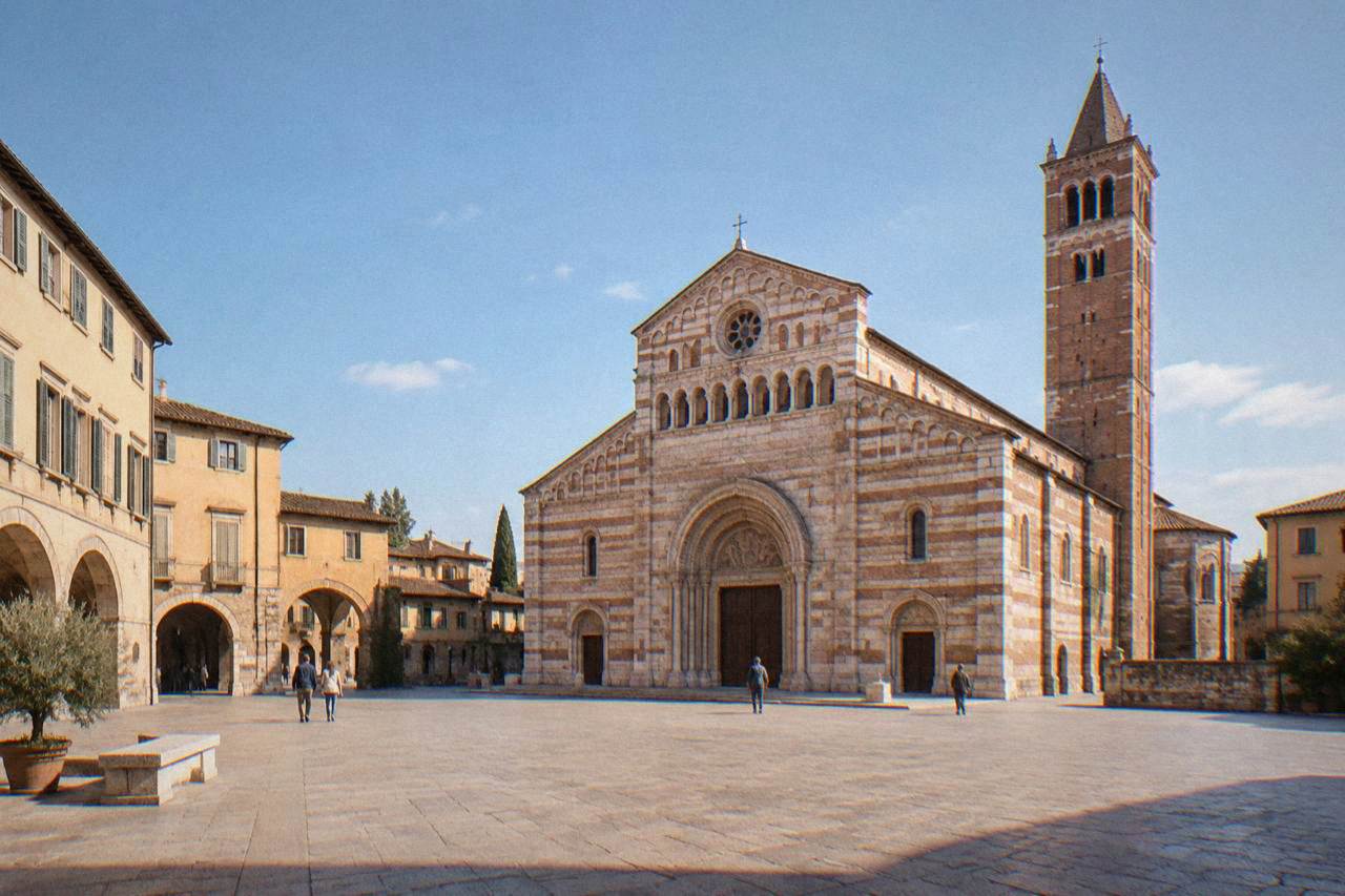 The striped brick and stone facade of a Romanesque basilica in Verona seen from a broad quiet square