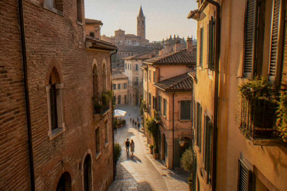 A narrow Verona street with old brick buildings leading toward a church tower in the distance