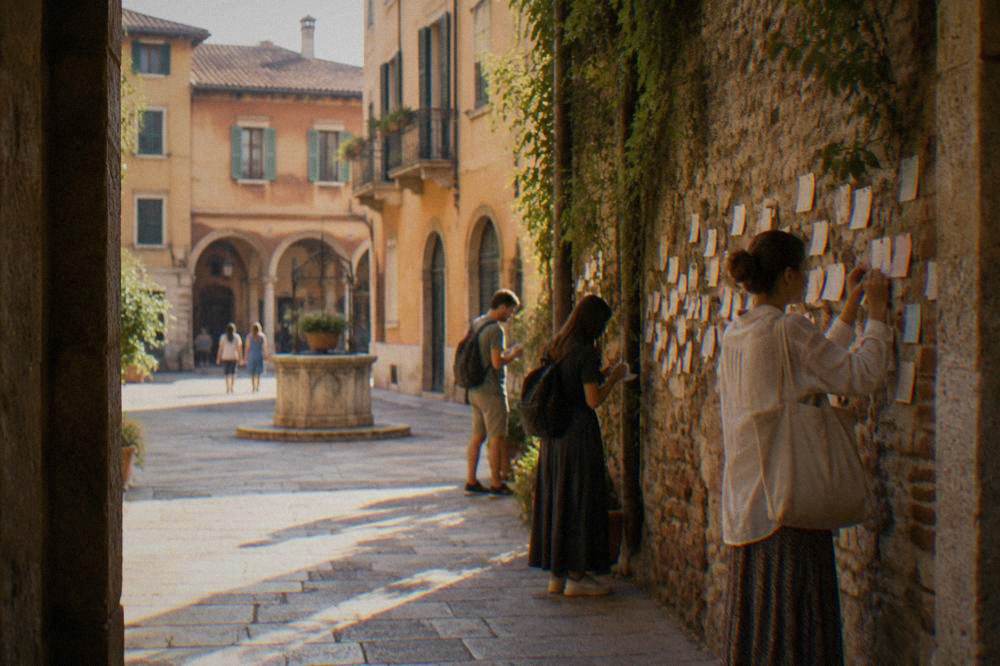 Visitors writing small notes and letters attached to a wall in a Verona courtyard