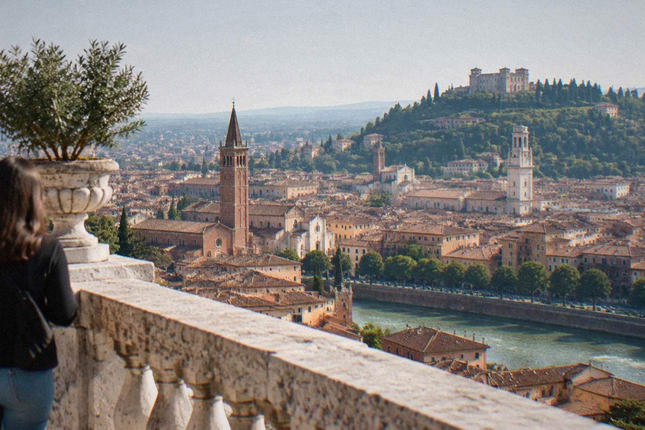 View over the red rooftops and towers of Verona from the Castel San Pietro terrace
