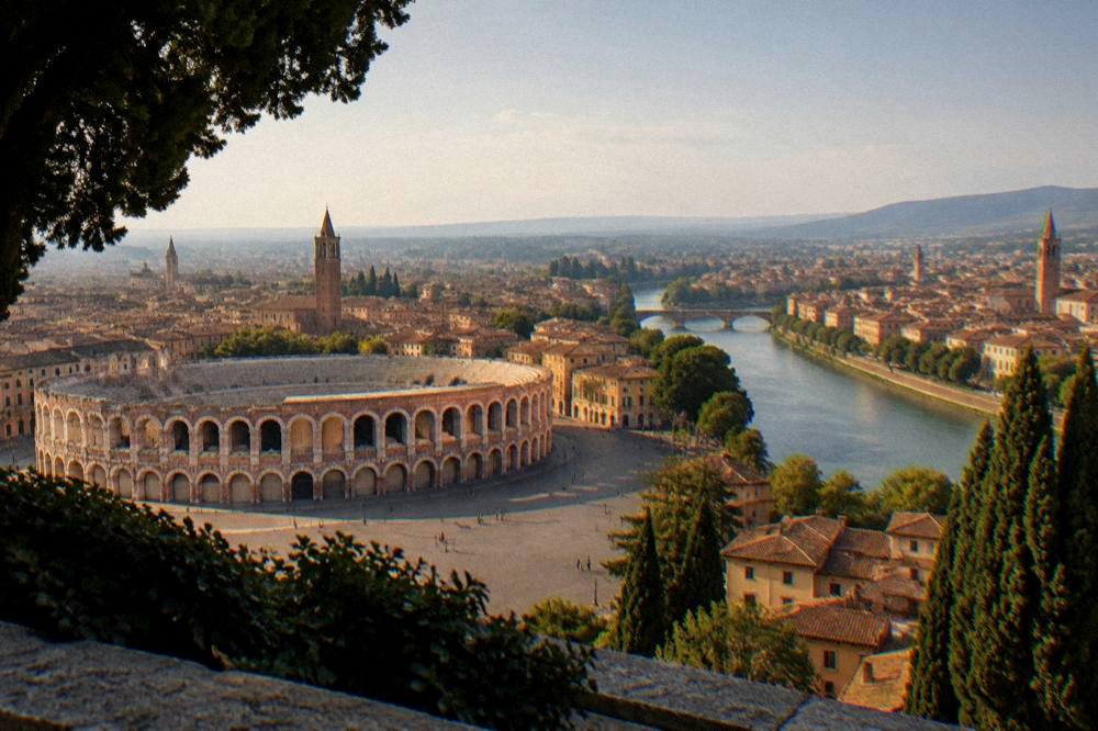 Wide evening panorama of Verona with the Arena and the river loop from the hilltop