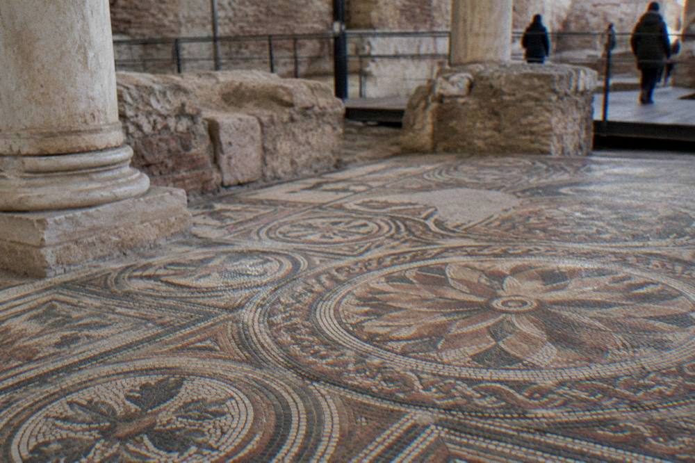 Early Christian mosaic flooring in the excavated baptistery area beneath Verona Cathedral