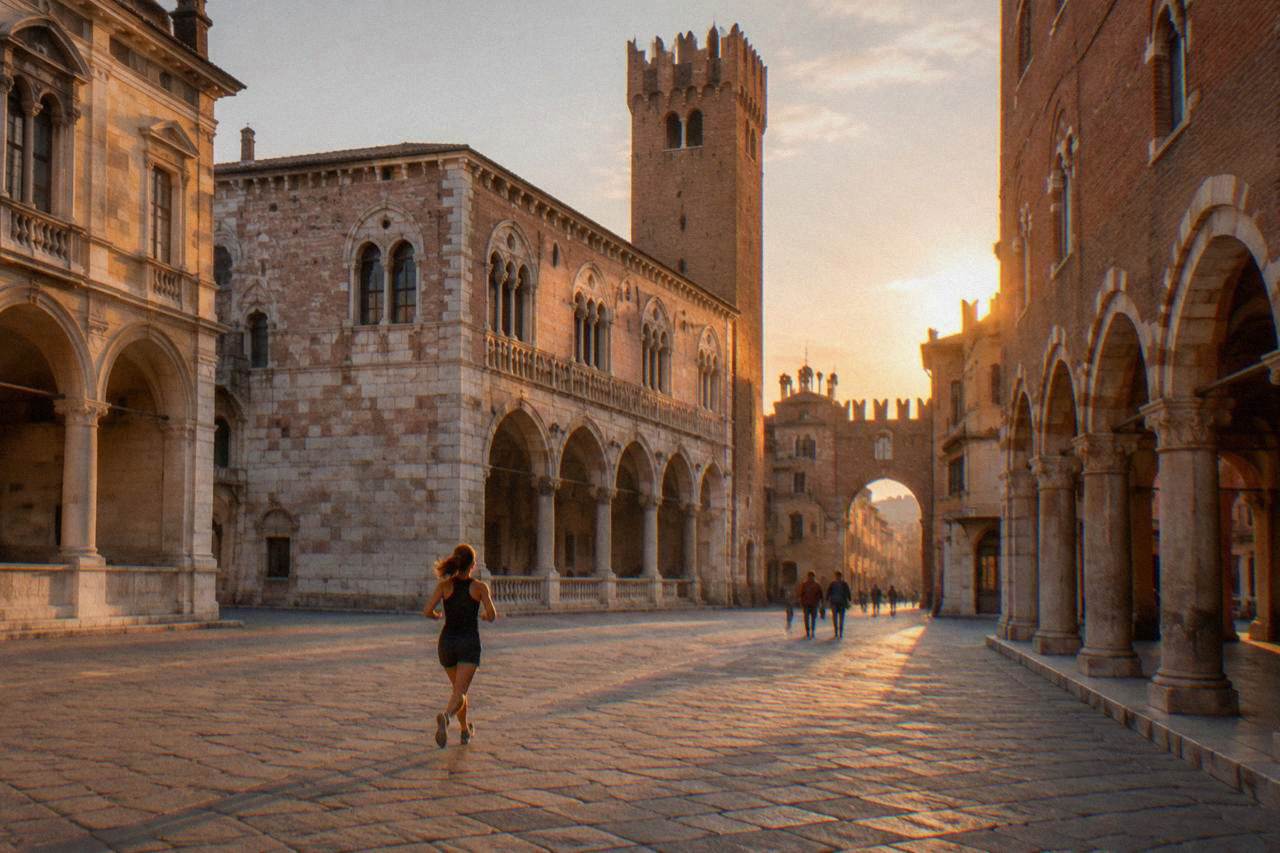 A historic stone palace facade with arched windows and a tall medieval tower rising above a cobbled square