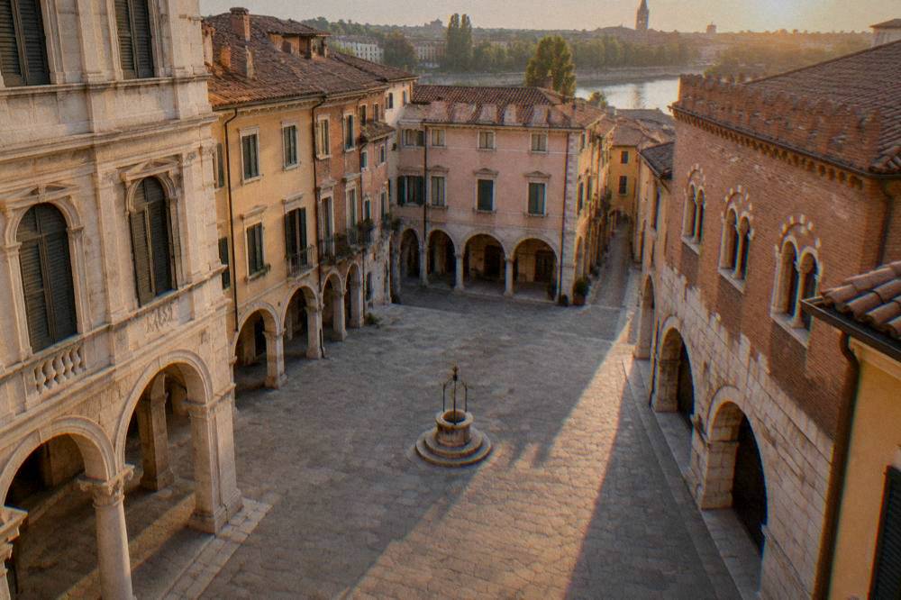 Evening light on stone palaces and arches around an empty square in Verona