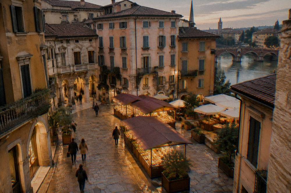 Wooden market stalls with warm lights set among stone buildings in a Verona square at dusk
