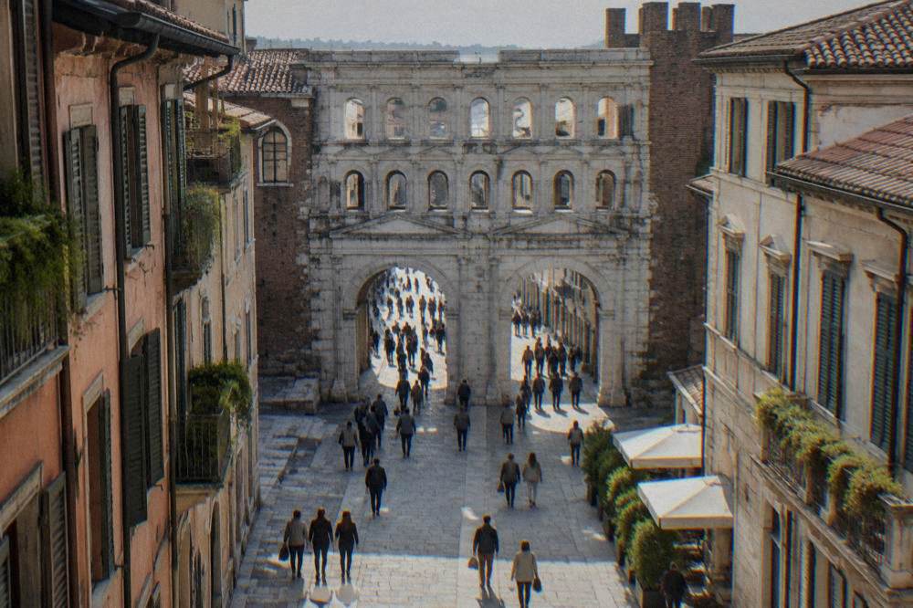 People walking along a narrow pedestrian shopping street toward an old stone gate in Verona