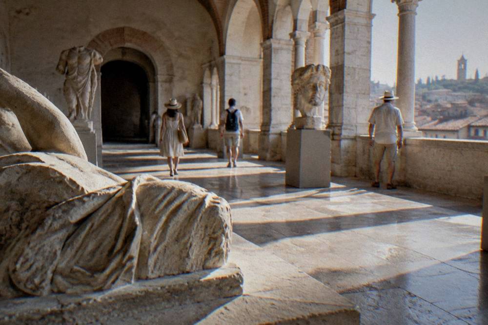 A museum gallery in the former monastery above the Roman theatre in Verona with stone sculpture on display