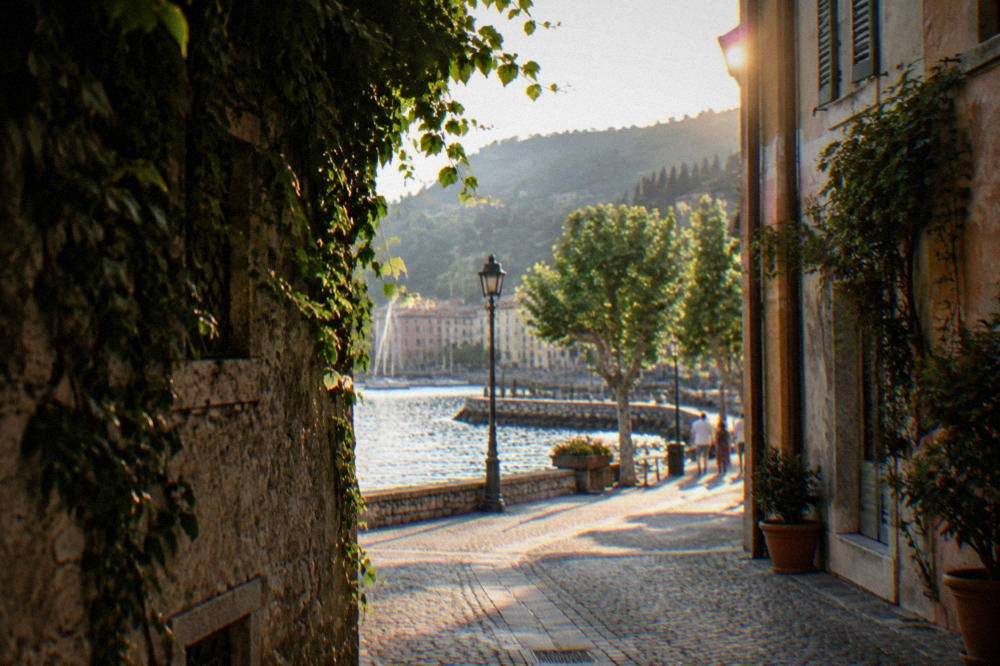 Narrow old-town street in Bardolino with vine-covered walls and shuttered houses