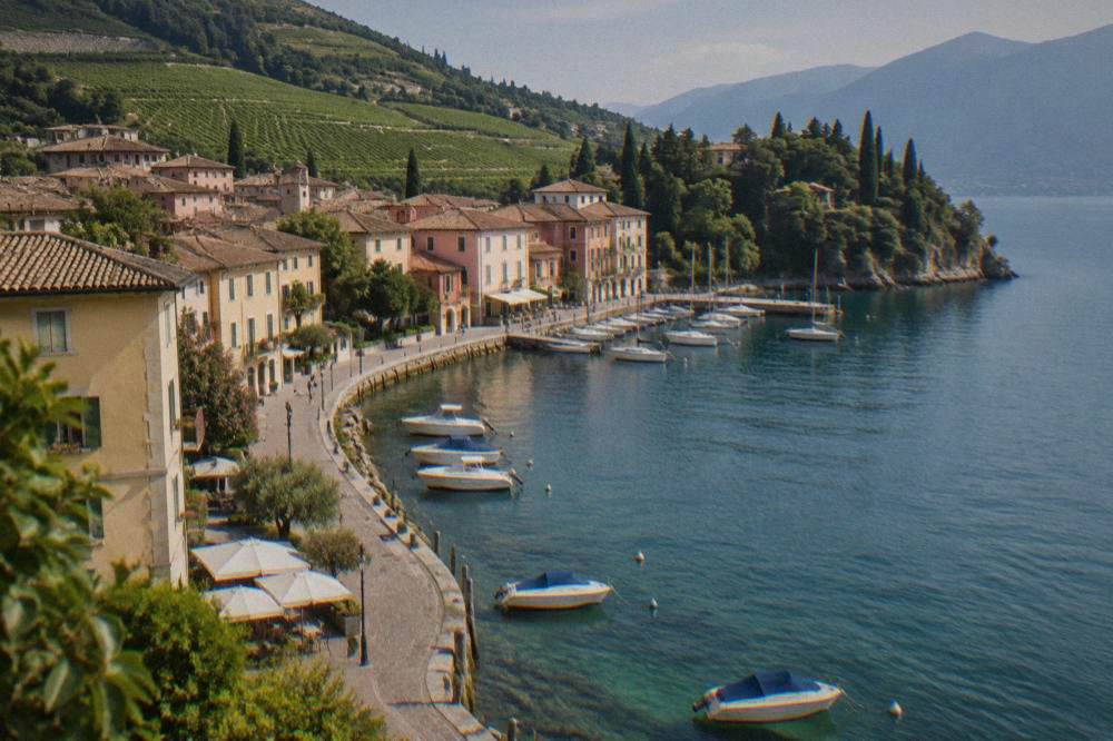 Rows of vines on hills above Lake Garda near Bardolino