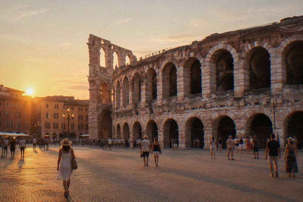 Twilight over Piazza Bra in Verona with the Arena amphitheatre lit in the background