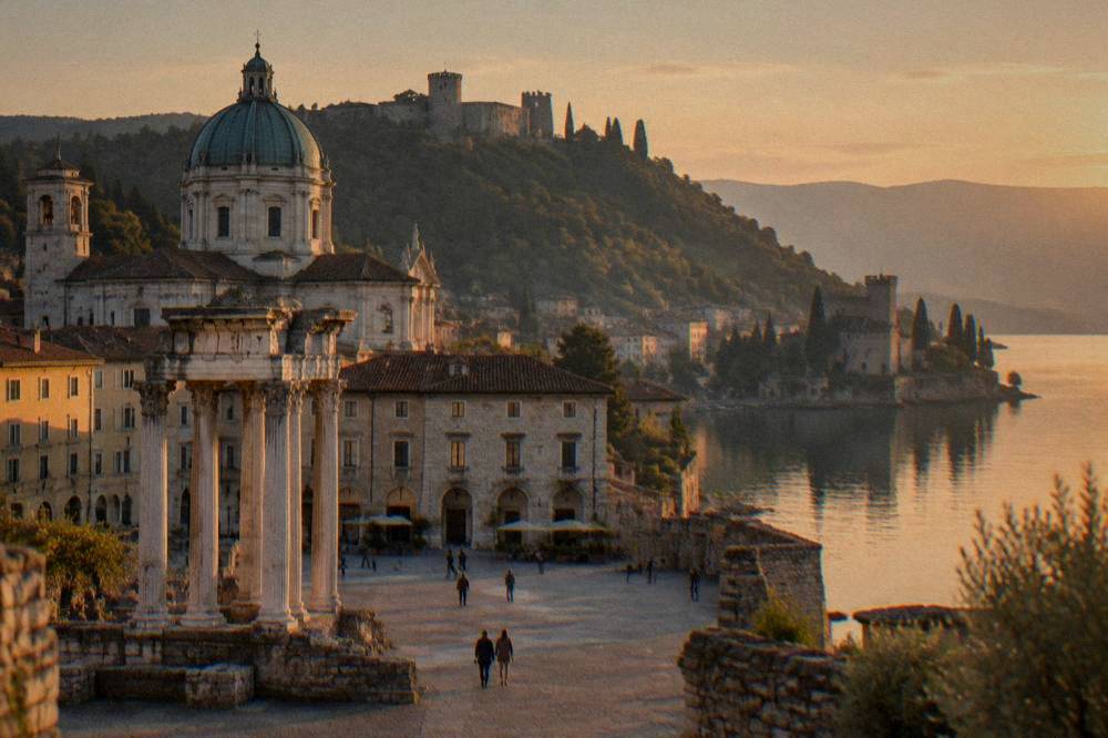 A lakeside peninsula town with a stone castle and cypress trees reflected in still water