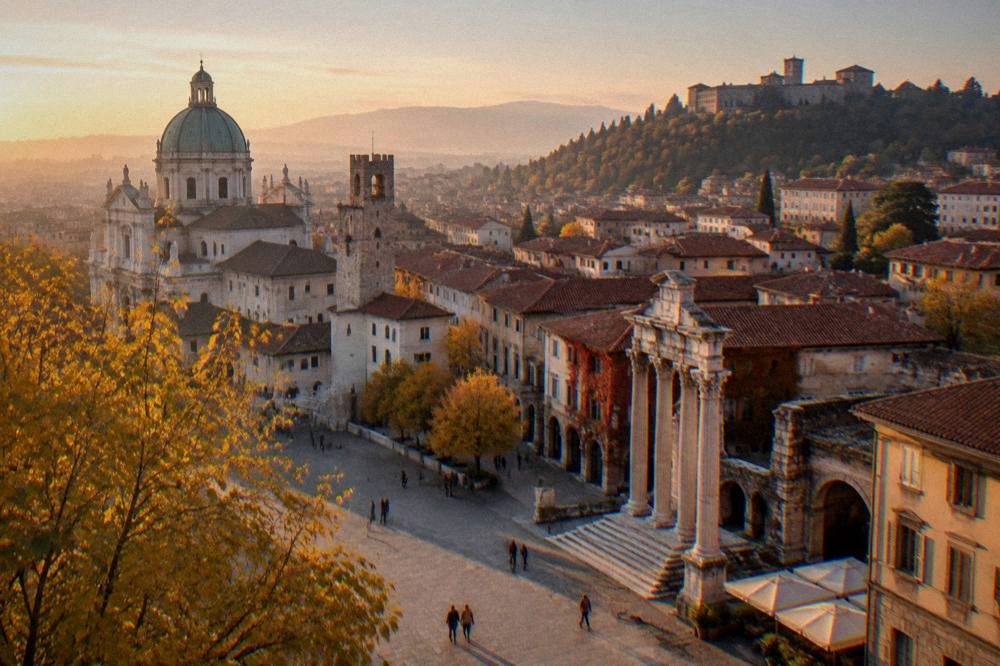 An autumn view of a northern Italian city skyline with warm evening light on old towers