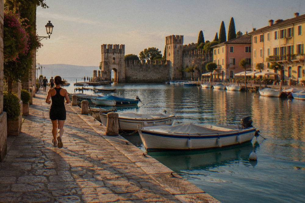 Harbour of Lazise with moored boats and pastel buildings along the waterfront
