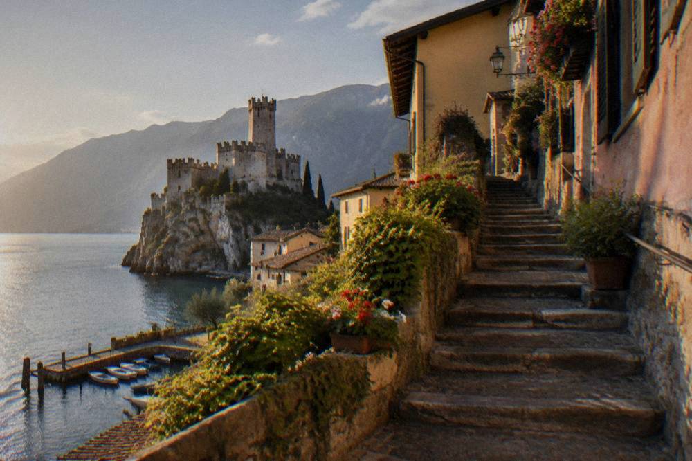 A stone castle tower above red-roofed houses and a mountain lake with steep far shore