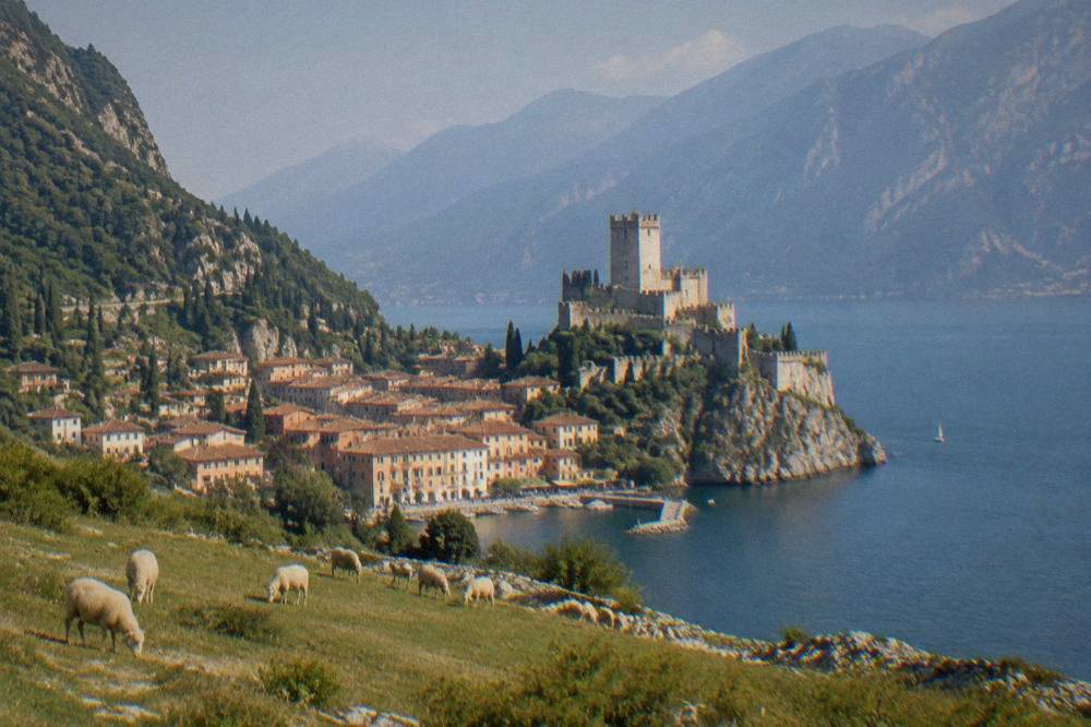 A parked cable car station building at the edge of a lake town with mountains behind