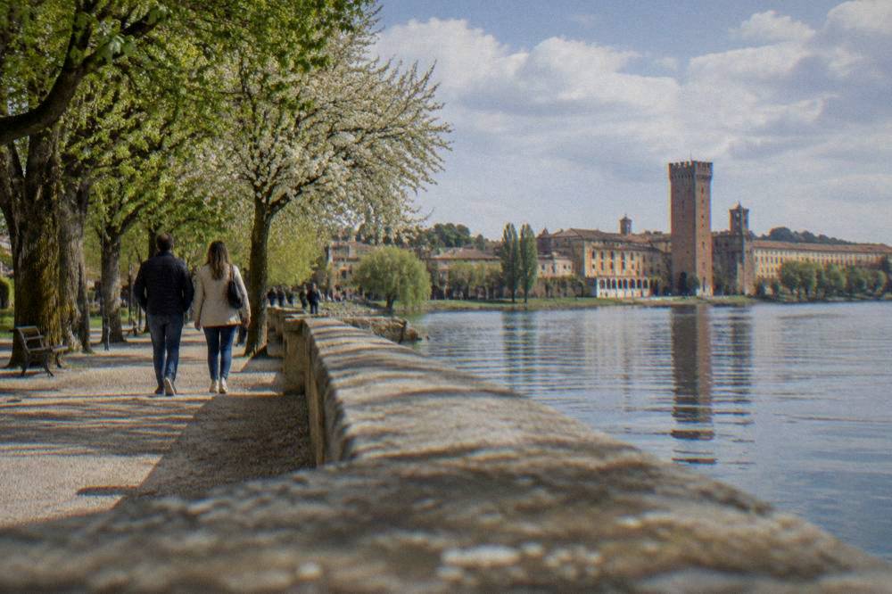A couple walking a lakeside promenade with spring trees in leaf