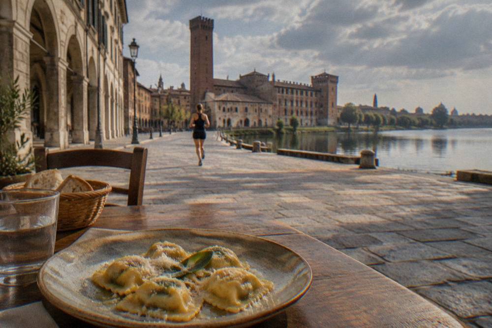 A rustic plate of filled pasta on a wooden table in a small trattoria
