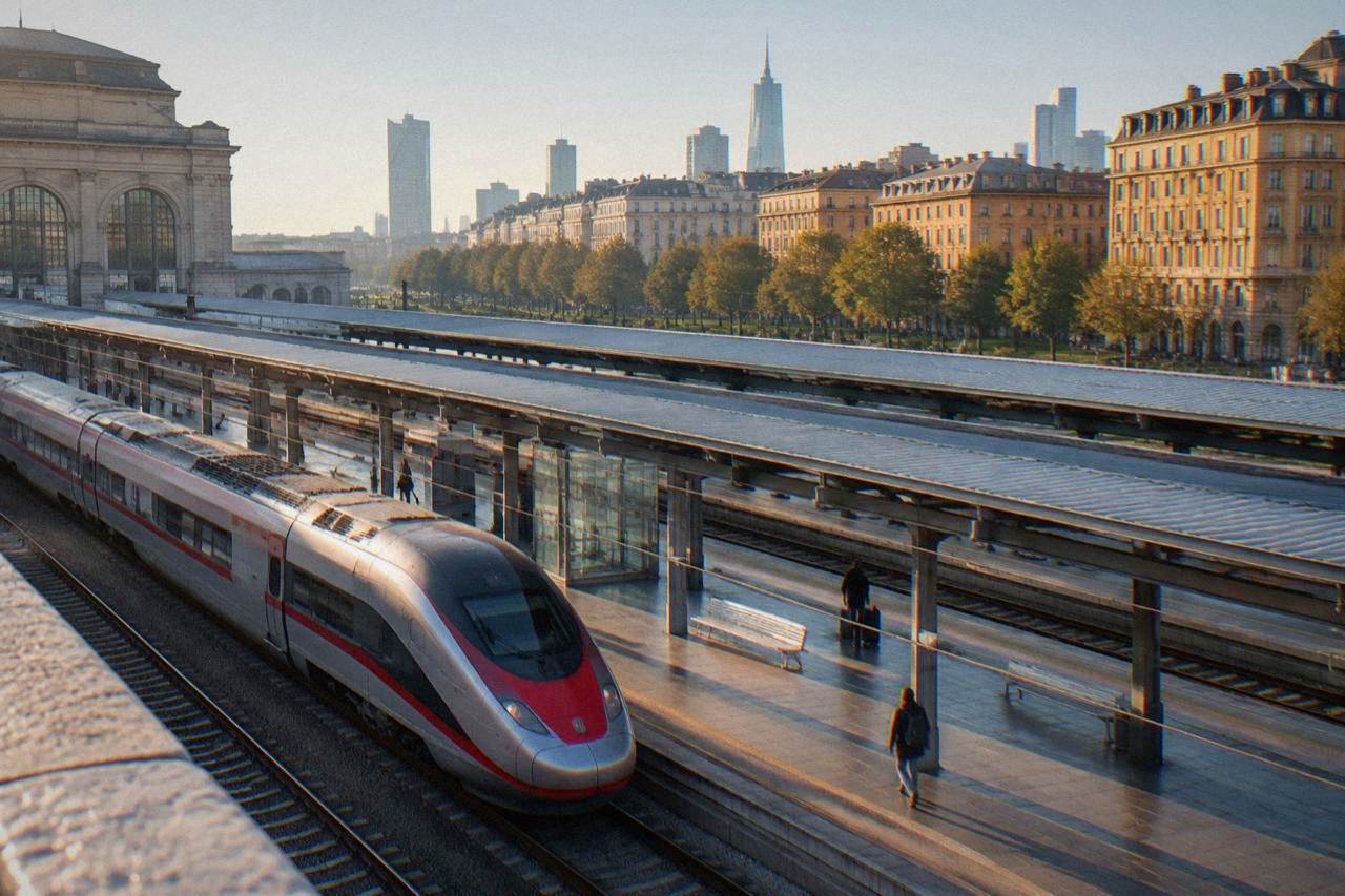 A high-speed train stopped at a platform in a large Italian railway station