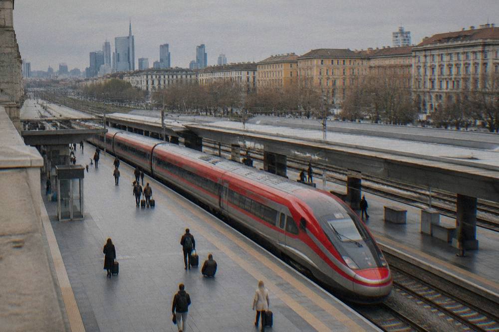 A high-speed train stopped at a platform in a large Italian railway station