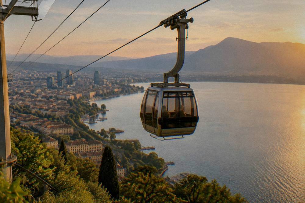 A cable car cabin rising toward a mountain ridge above a lake