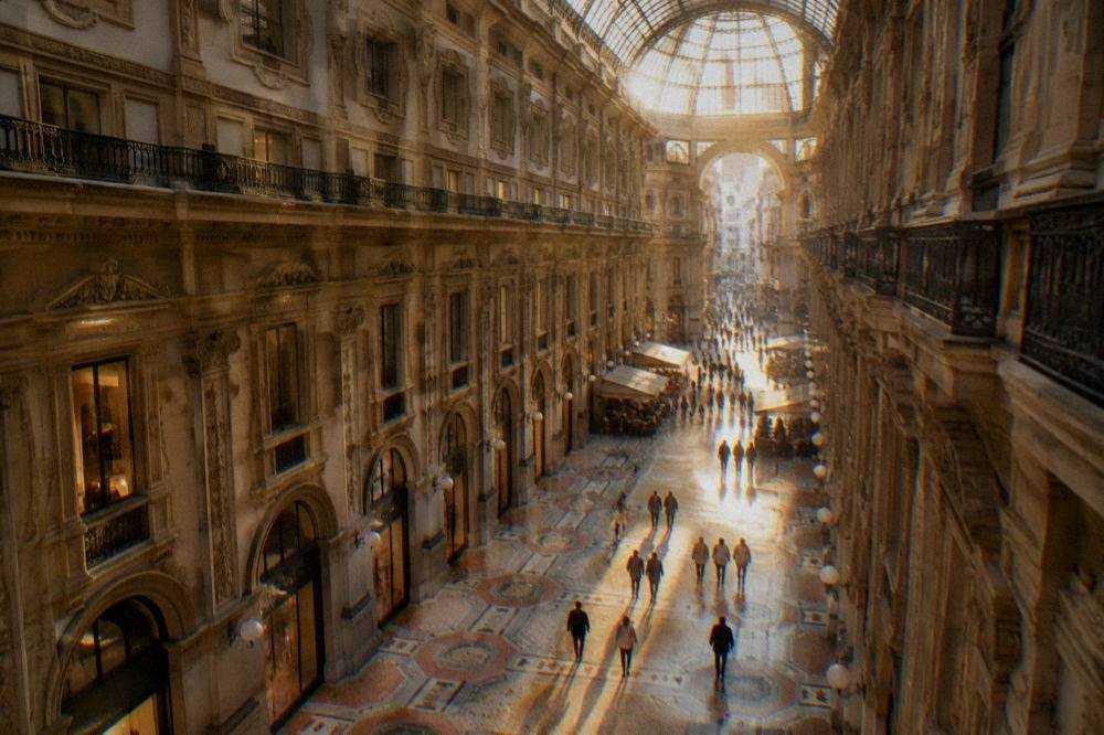 Evening light on an ornate glass-roofed shopping arcade