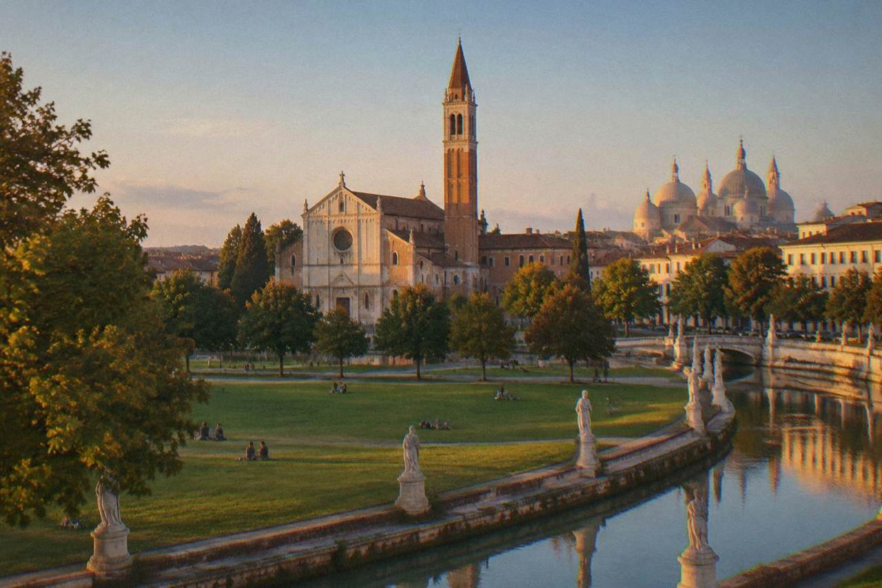 The Scrovegni Chapel in Padua seen from across a grassy park, with its pale facade and small bell tower under a blue sky