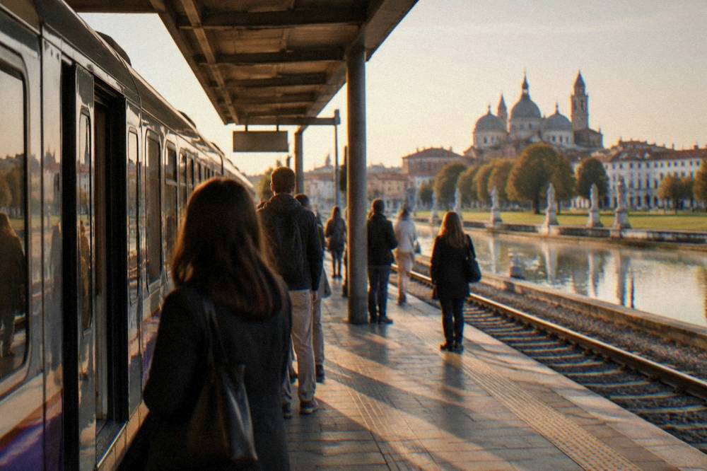 A regional train standing at a platform in an Italian railway station with passengers waiting